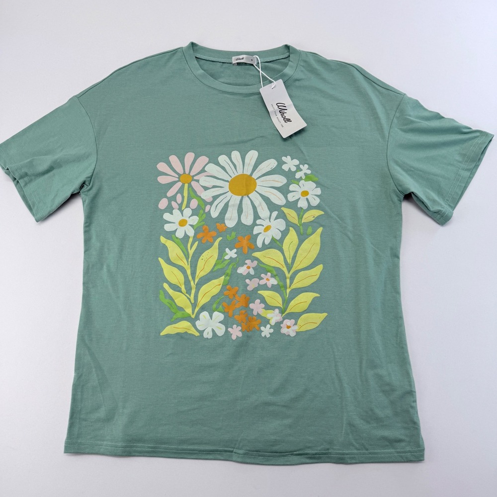 Wiholl Sage Green Floral Daisy Graphic Tee Short Sleeve Crew Neck Small NWT